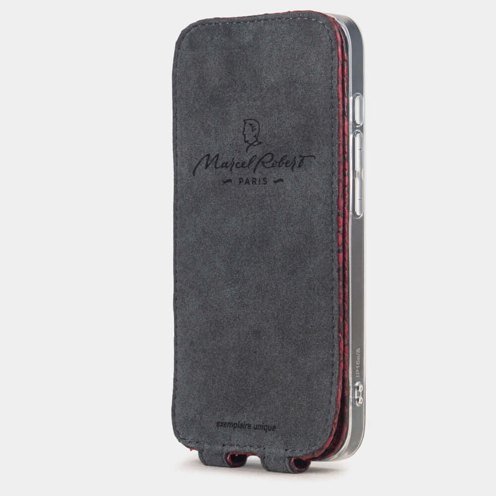 Bordeaux Python Case iPhone 16e - interior view showing grey Alcantara lining with magnetic closure, designed to clean and protect the screen