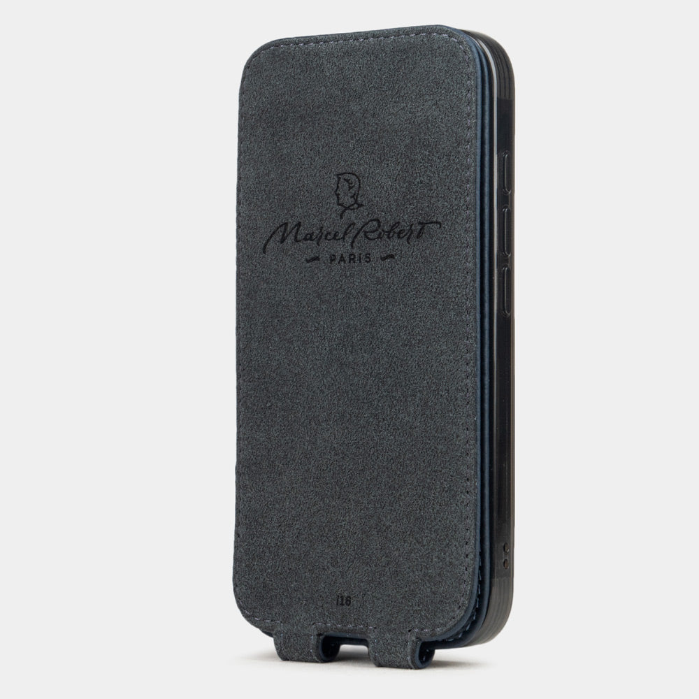 blue Calfskin leather Flip Case iPhone 16 Plus - interior view showing grey Alcantara lining with magnetic closure, designed to clean and protect the screen