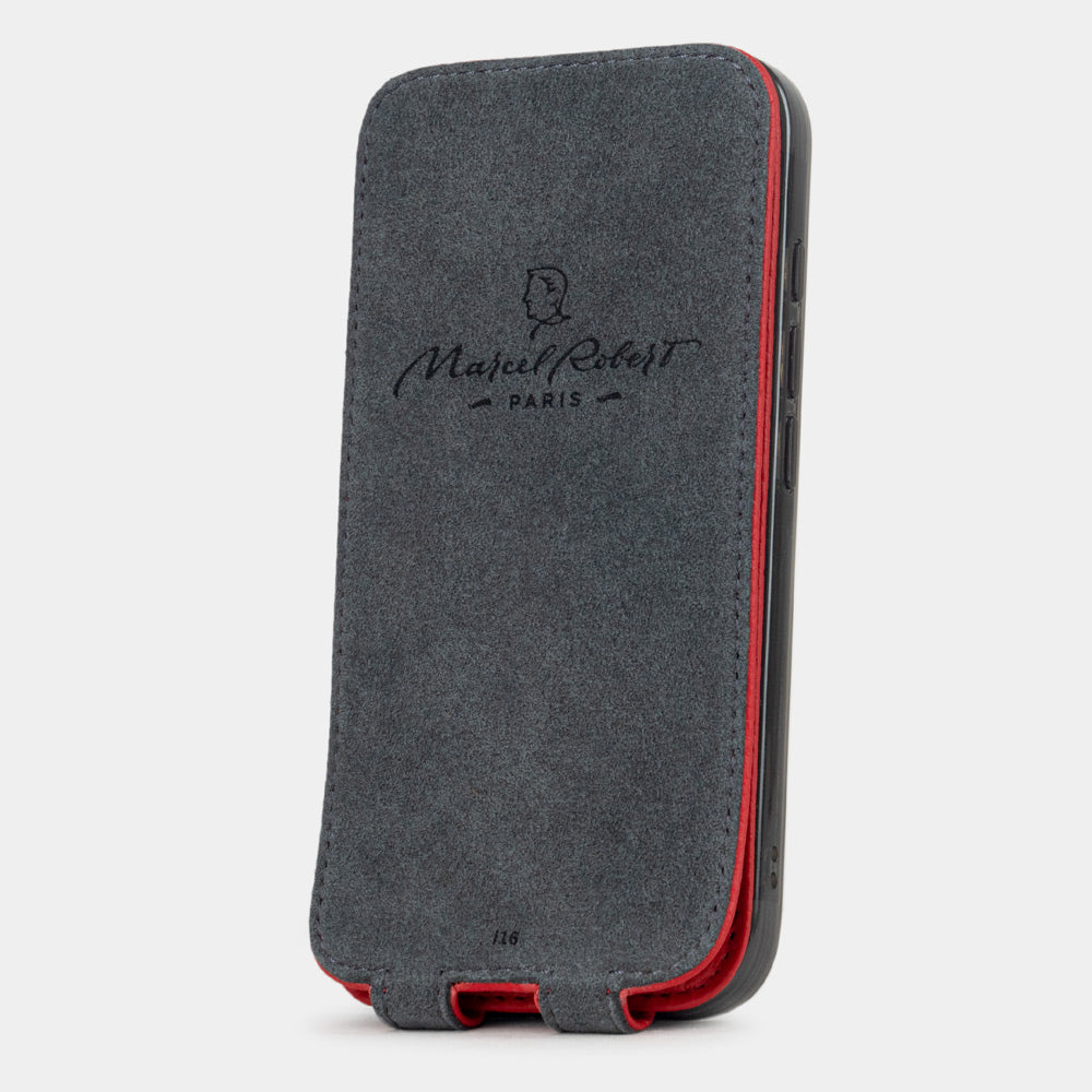 Red Calfskin Case iPhone 16 plus - interior view showing grey Alcantara lining with magnetic closure, designed to clean and protect the screen