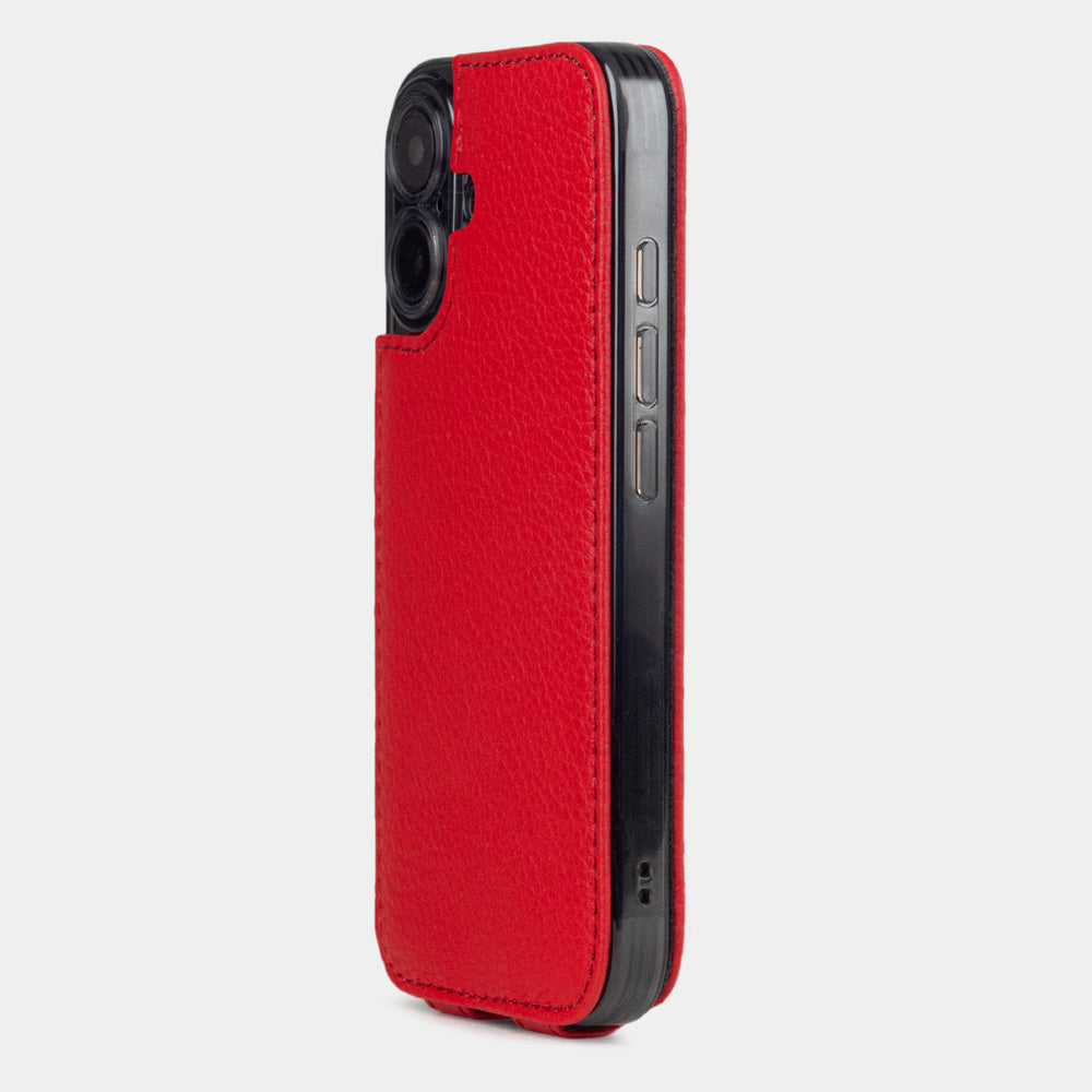 red Calfskin Flip Case iPhone 16 - view from camera side and how the lenses are efficiently protected