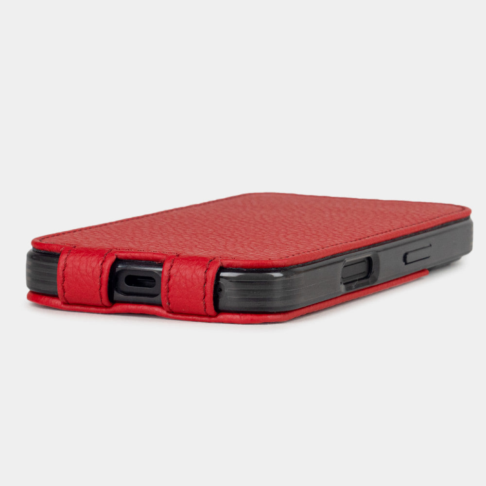 red calfskin Case iPhone 16 - flat side view displaying ultra-thin handcrafted design, USB-C port opening and precise edge finishing