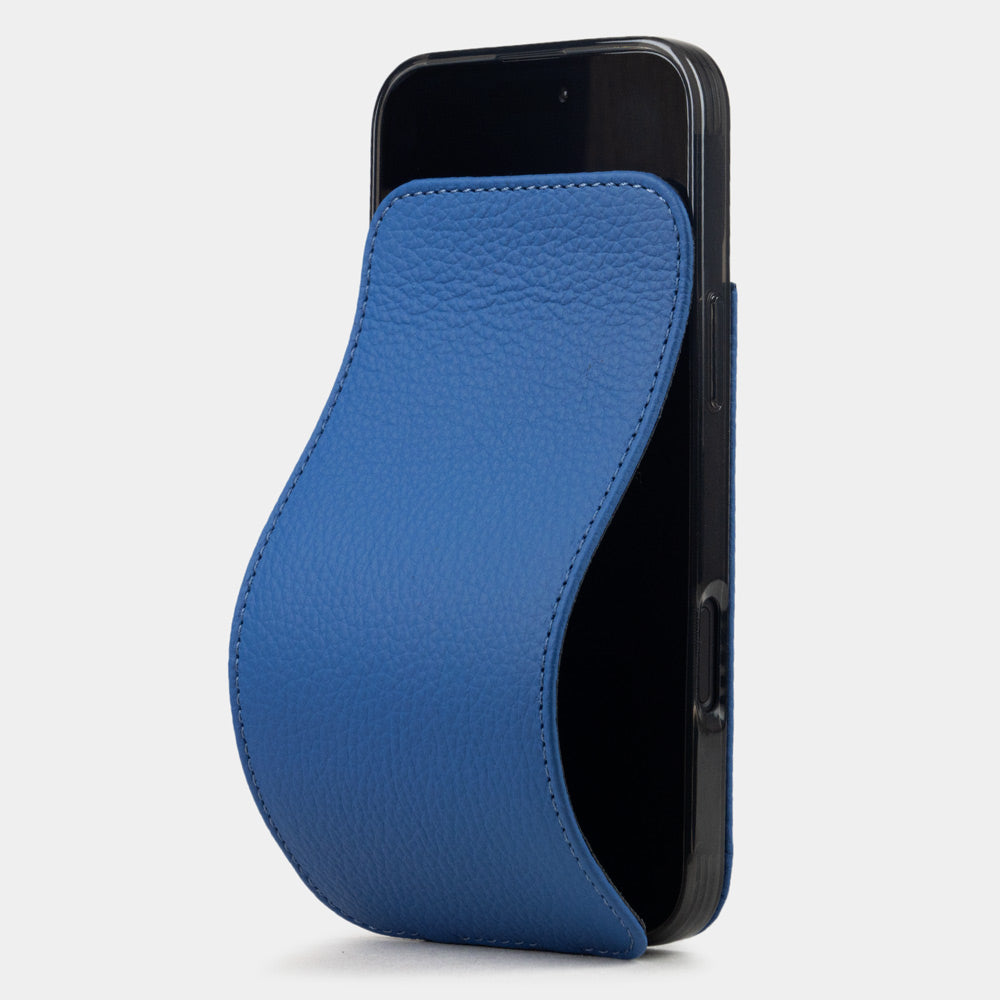 royal blue calfskin leather flip case iPhone 16 Plus – luxury handmade phone case in genuine leather with magnetic front cover partially open