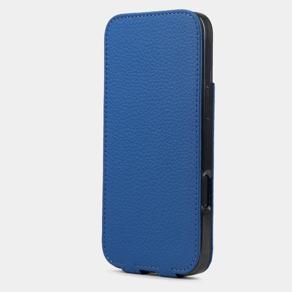 royal blue Calfskin leather Flip Case iPhone 16 Plus – upright closed view highlighting the magnetic front cover fully protecting the screen, elegant silhouette