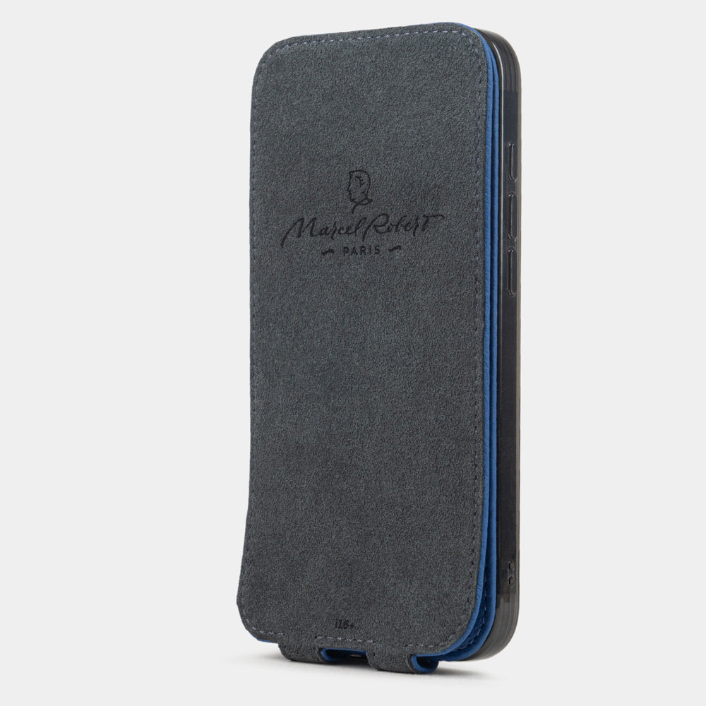 Royal Blue Calfskin Case iPhone 16 plus - interior view showing grey Alcantara lining with magnetic closure, designed to clean and protect the screen