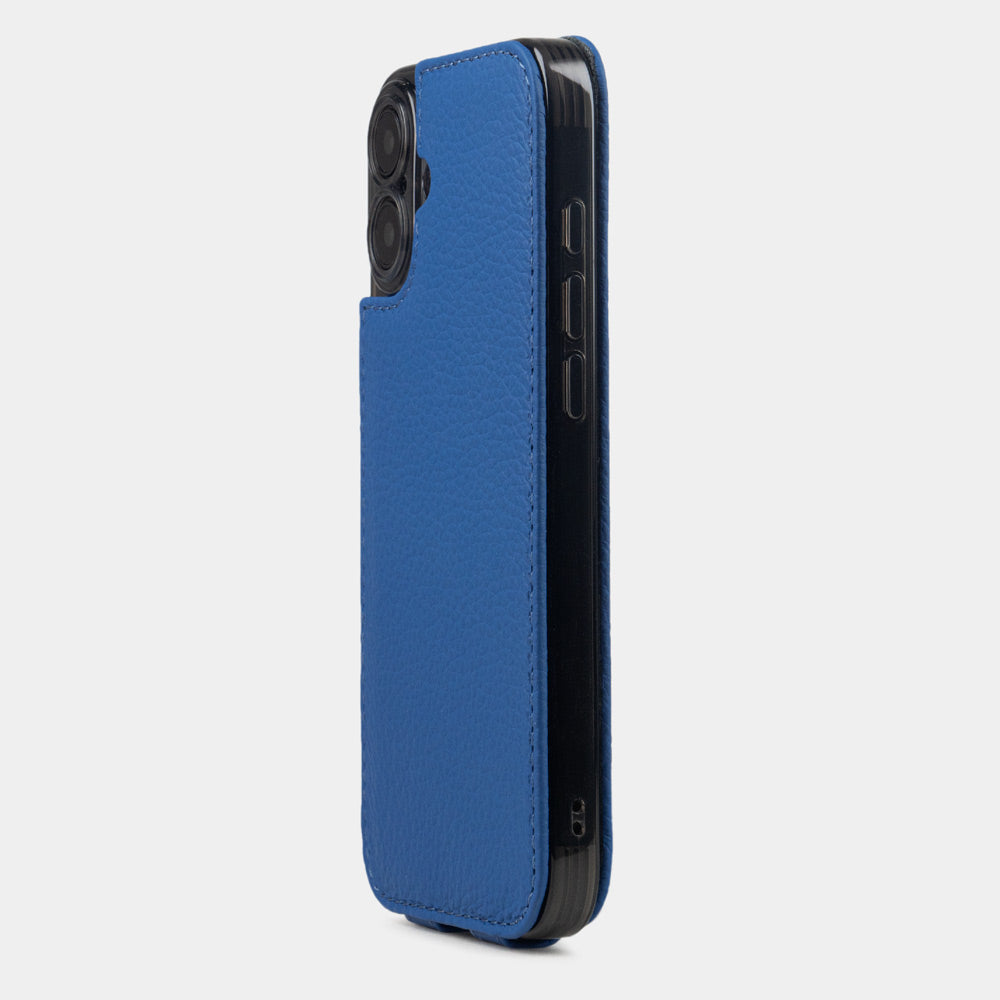 royal blue Calfskin Flip Case iPhone 16 - view from camera side and how the lenses are efficiently protected