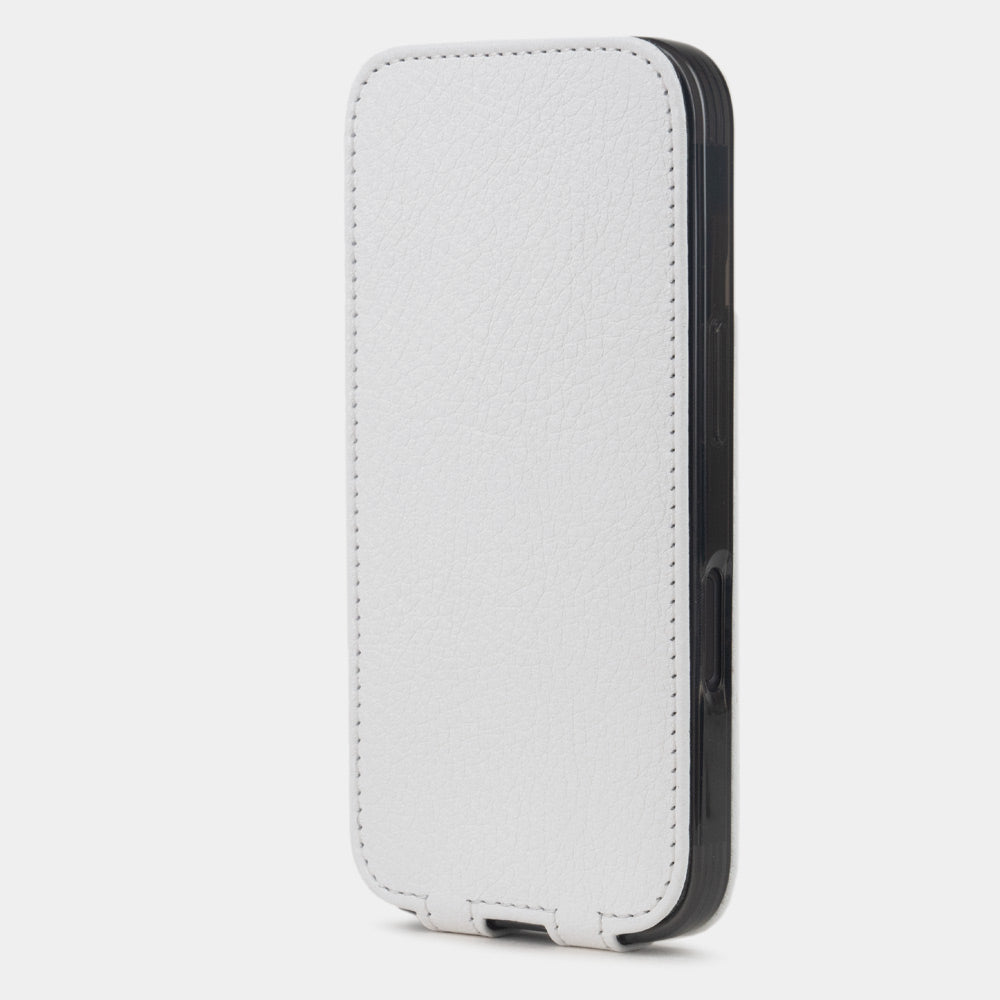 White Calfskin Case iPhone 16 plus – upright closed view highlighting the magnetic front cover fully protecting the screen, elegant silhouette