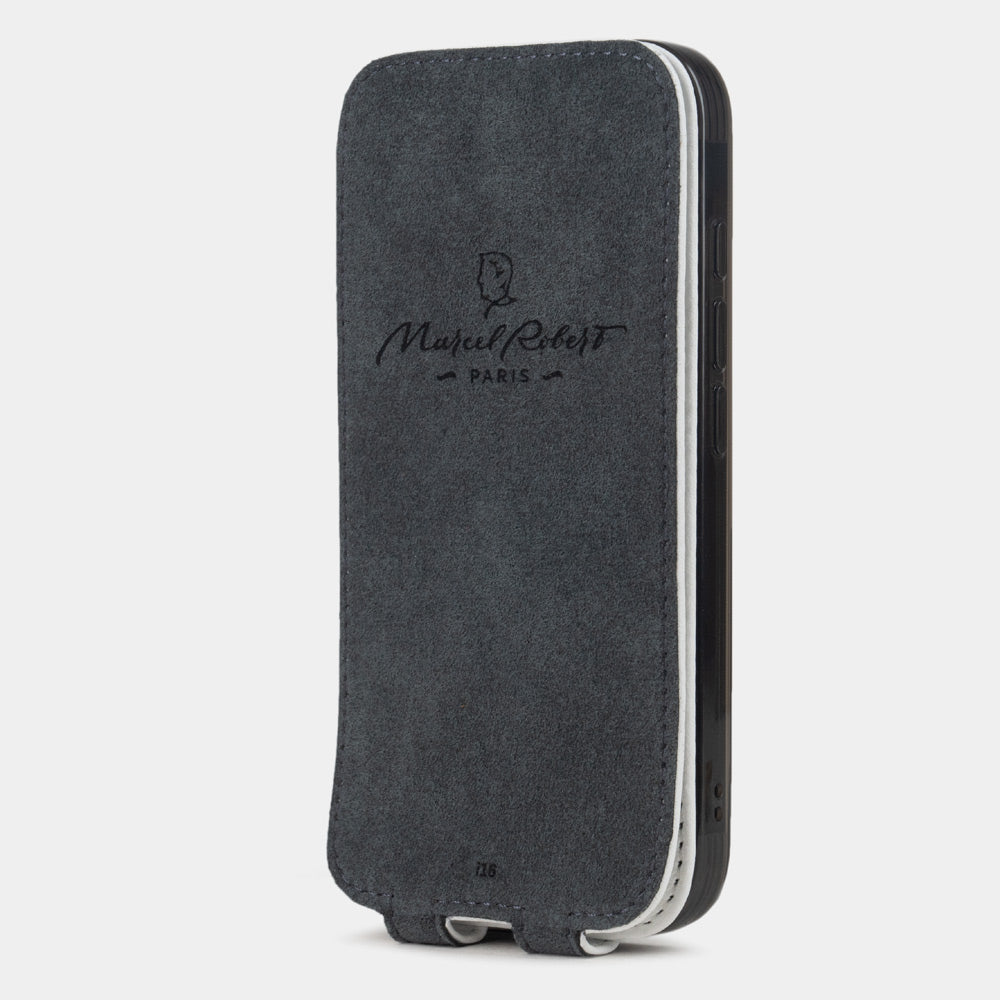 White Calfskin Case iPhone 16 plus - interior view showing grey Alcantara lining with magnetic closure, designed to clean and protect the screen