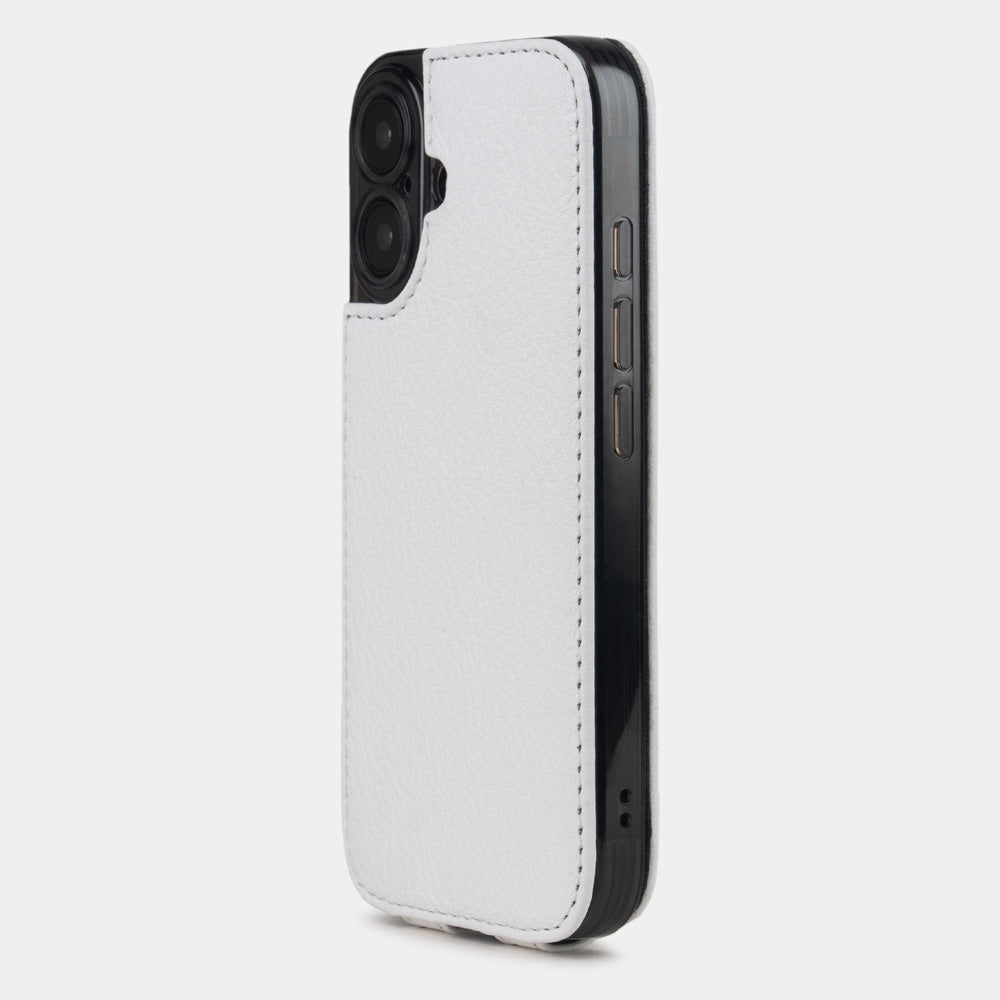 White Calfskin Case iPhone 16 plus - view from camera side and how the lenses are efficiently protected