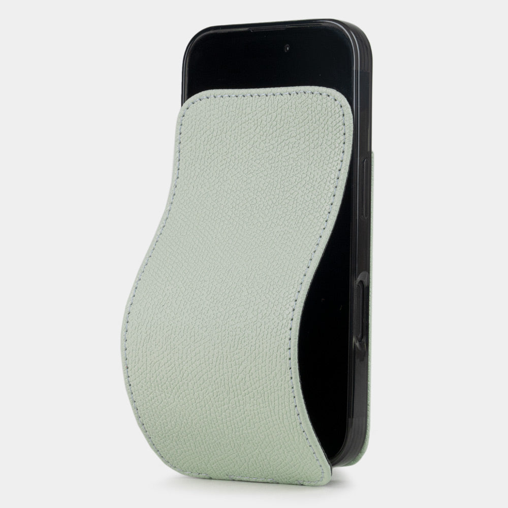 Green Pastel Saffiano Flip Case iPhone 16 plus – luxury handmade phone case in genuine leather with magnetic front cover partially open, main photo