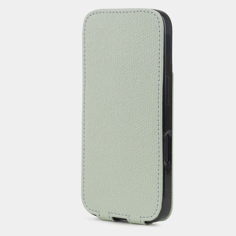 Green Pastel Saffiano Flip Case iPhone 16 plus – upright closed view highlighting the magnetic front cover fully protecting the screen, elegant silhouette