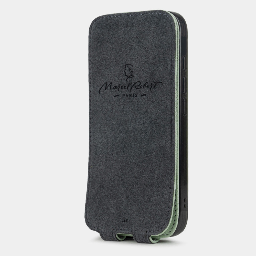green pastel Calfskin Flip Case iPhone 16 - interior view showing grey Alcantara lining with magnetic closure, designed to clean and protect the screen