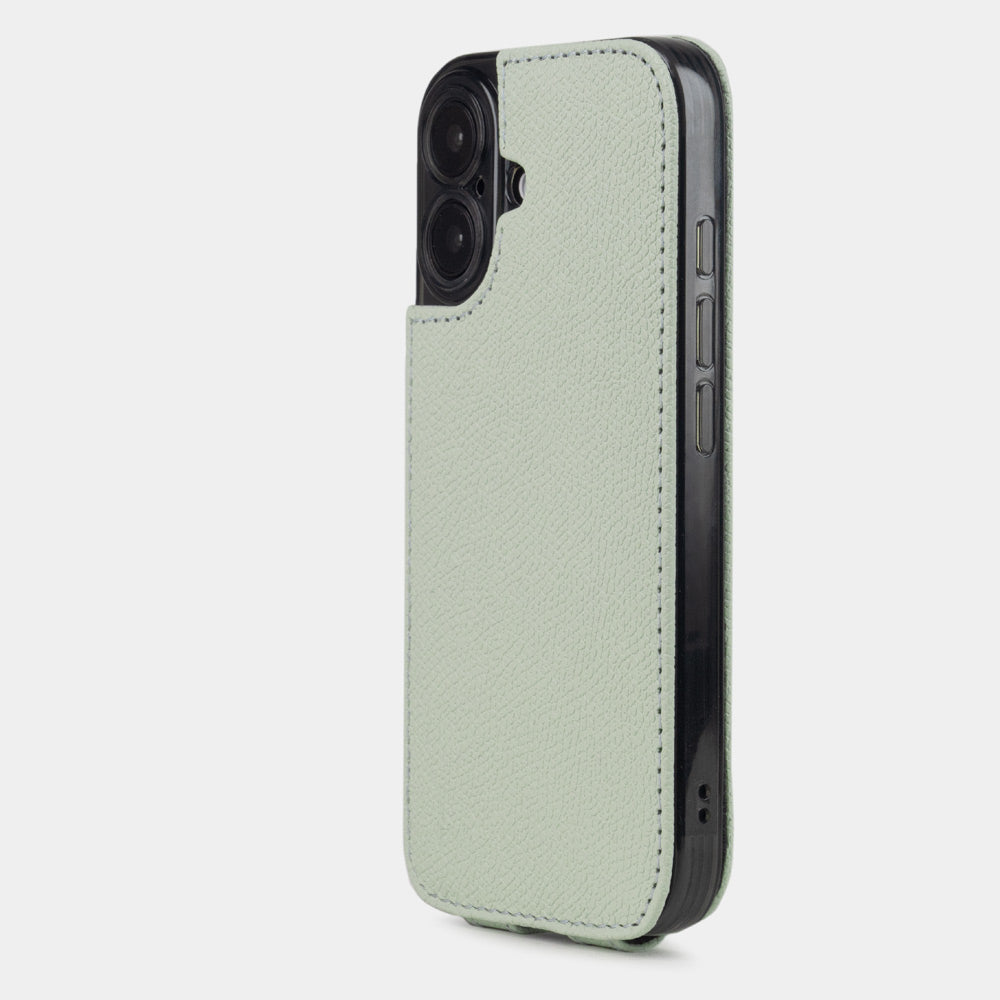 green pastel Calfskin Flip Case iPhone 16 - view from camera side and how the lenses are efficiently protected