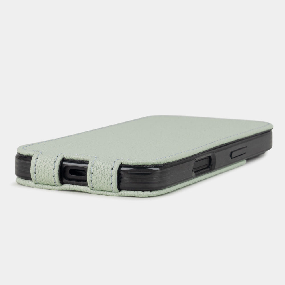green pastel calfskin Case iPhone 16 - flat side view displaying ultra-thin handcrafted design, USB-C port opening and precise edge finishing