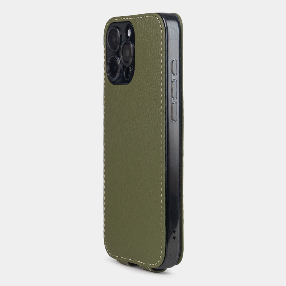 Green Calfskin Case iPhone 16 Pro Max - view from camera side and how the lenses are efficiently protected