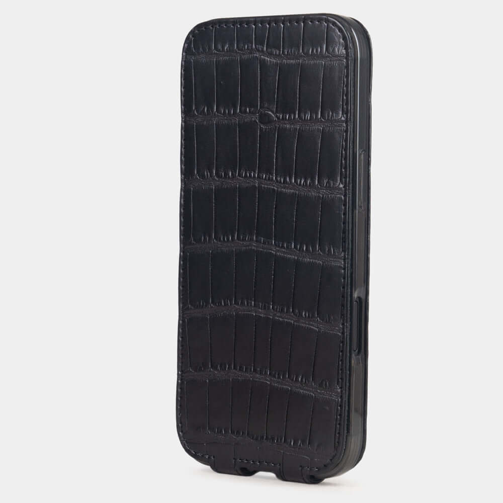 Black Alligator Case iPhone 17 Air – upright closed view highlighting the magnetic front cover fully protecting the screen, elegant silhouette