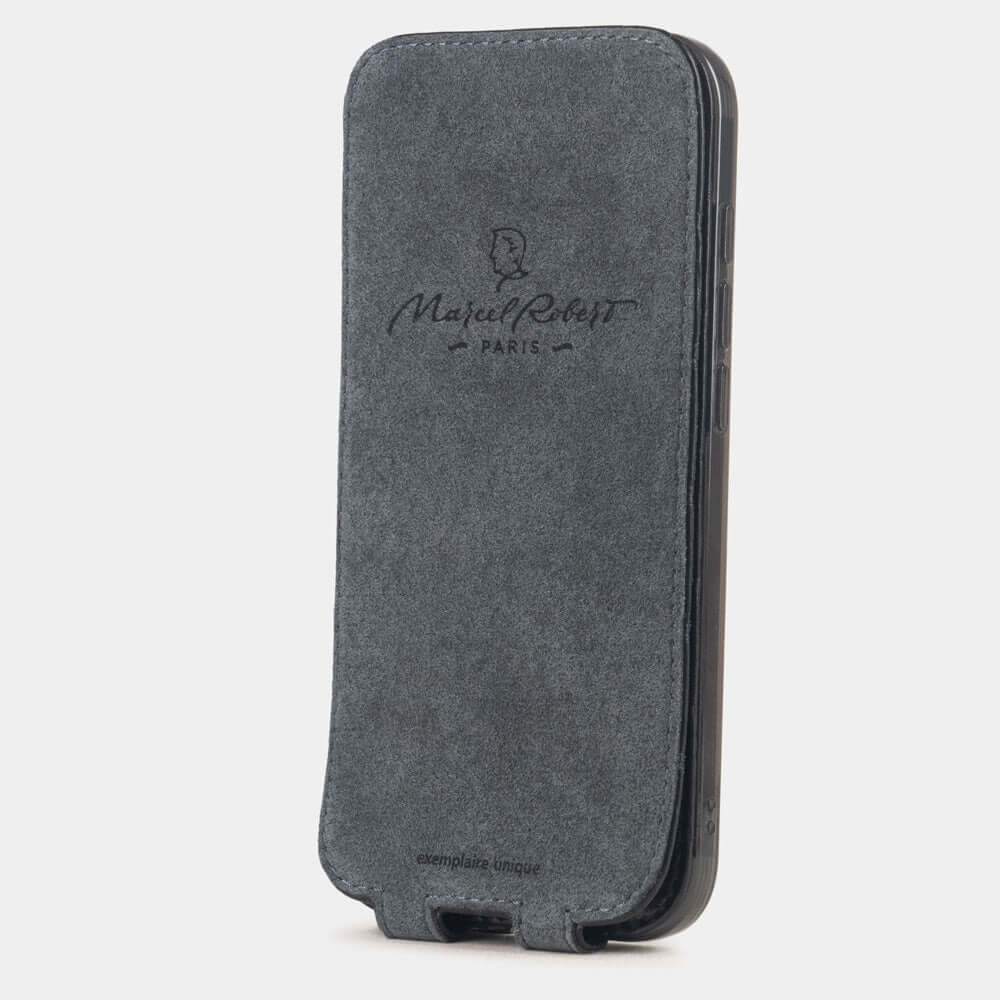 Black Alligator Case iPhone 17 Air - interior view showing grey Alcantara lining with magnetic closure, designed to clean and protect the screen