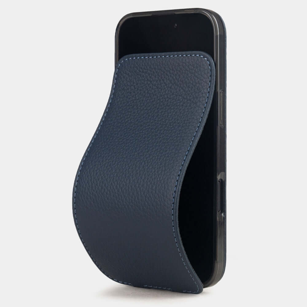 Blue Calfskin Case iPhone 17 Air – luxury handmade phone case in genuine leather with magnetic front cover partially open, main photo