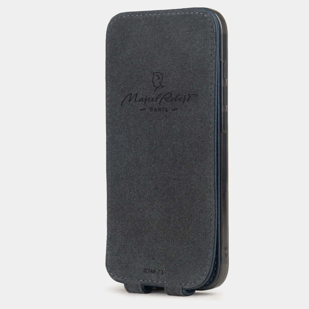 Blue Calfskin Case iPhone 17 Air - interior view showing grey Alcantara lining with magnetic closure, designed to clean and protect the screen