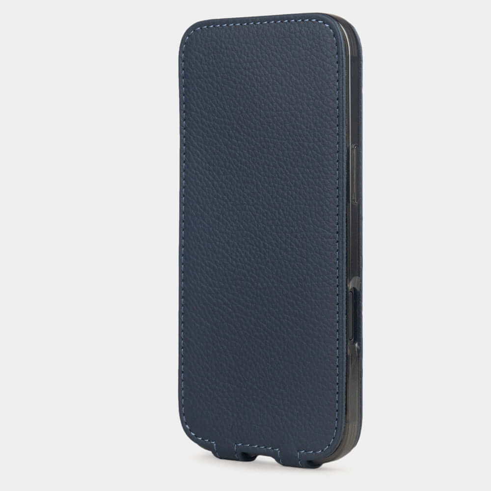 Blue Calfskin Case iPhone 17 Air – upright closed view highlighting the magnetic front cover fully protecting the screen, elegant silhouette