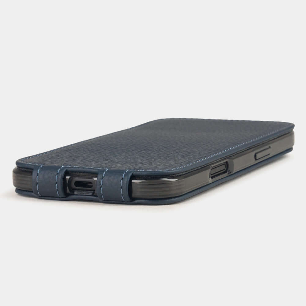 Blue Calfskin Case iPhone 17 Air - flat side view displaying ultra-thin handcrafted design, USB-C port opening and precise edge finishing