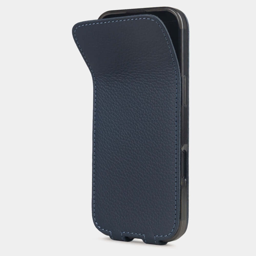 Blue Calfskin Case iPhone 17 Air – phone flip case with textured natural scale pattern, flexible front cover folding back to protect the smartphone screen