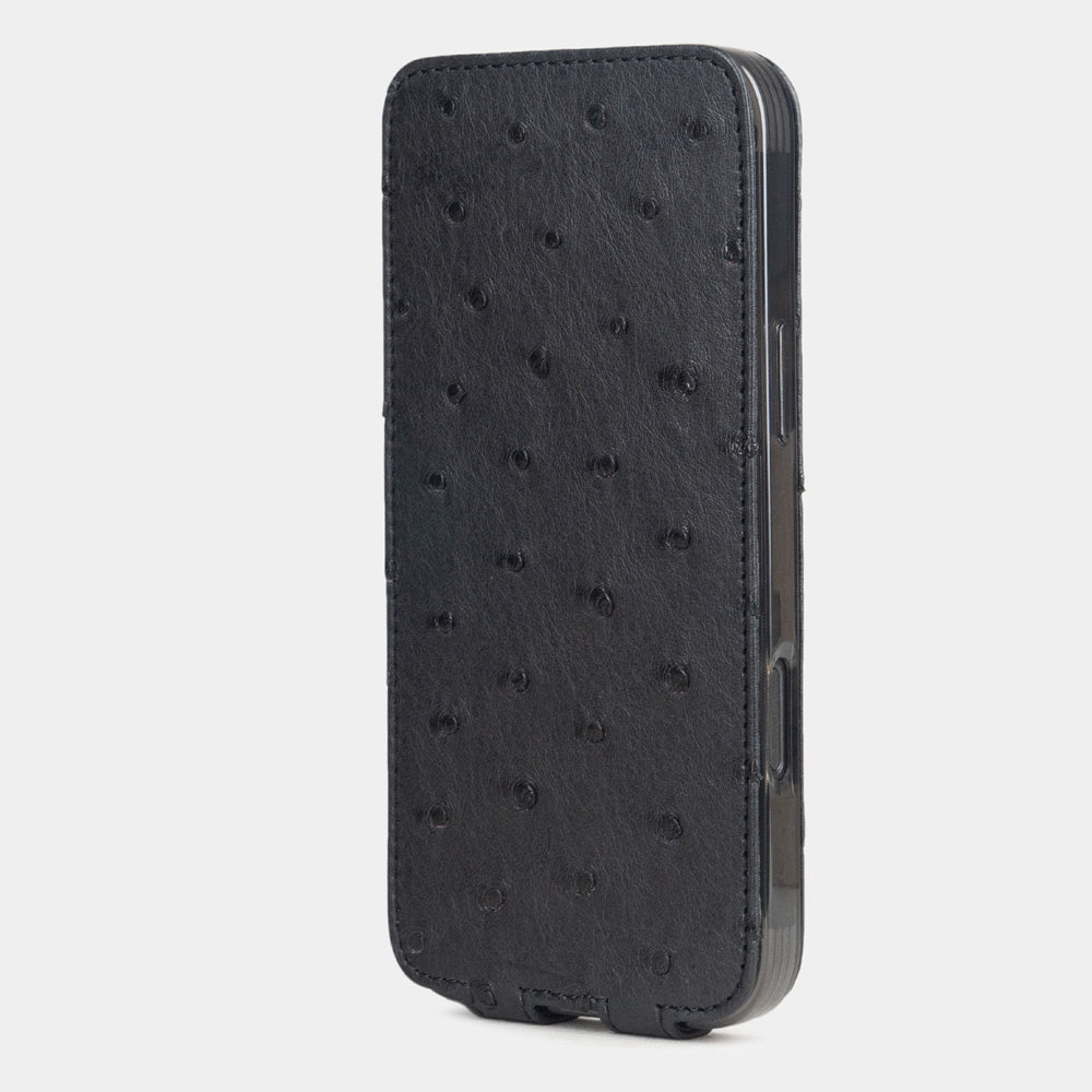black ostrich case iPhone 17 – upright closed view highlighting the magnetic front cover fully protecting the screen, elegant silhouette
