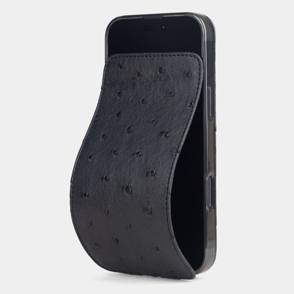 black ostrich case iPhone 17 Air – luxury handmade phone case in genuine ostrich leather with magnetic front cover partially open