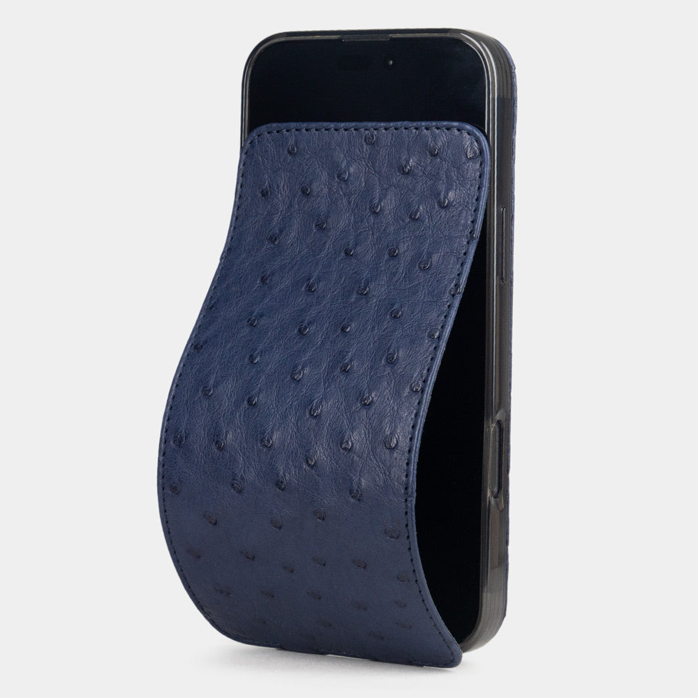 blue ostrich case iPhone 17 Air – luxury handmade phone case in genuine ostrich leather with magnetic front cover partially open