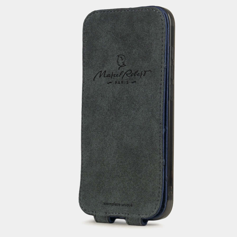 Blue Ostrich Case iPhone 17 Air - interior view showing grey Alcantara lining with magnetic closure, designed to clean and protect the screen