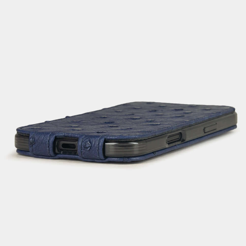 Blue Ostrich Case iPhone 17 Air - flat side view displaying ultra-thin handcrafted design, USB-C port opening and precise edge finishing
