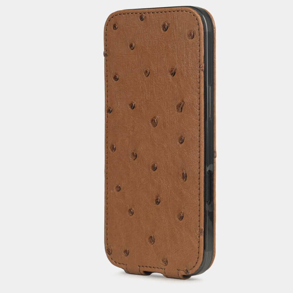 Gold Ostrich Case iPhone 17 Air – upright closed view highlighting the magnetic front cover fully protecting the screen, elegant silhouette