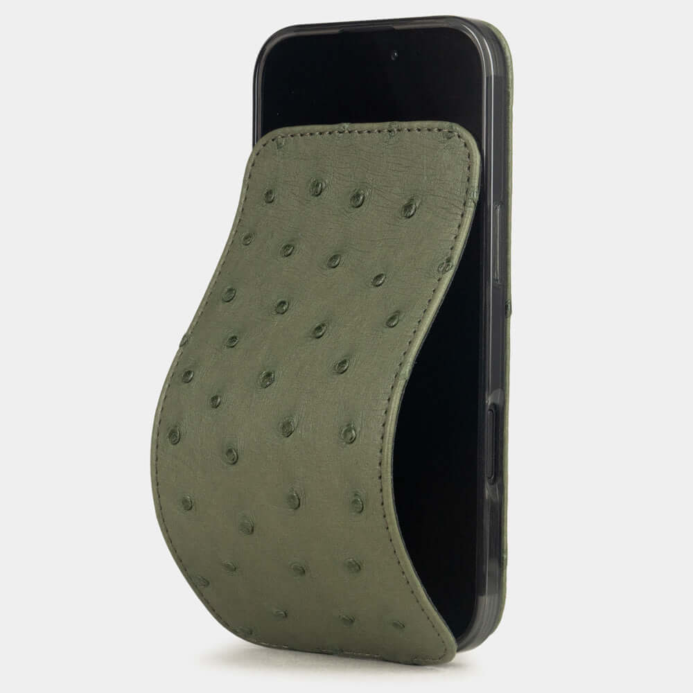 Green Ostrich Case iPhone 17 Air – luxury handmade phone case in genuine ostrich leather with magnetic front cover partially open, main photo