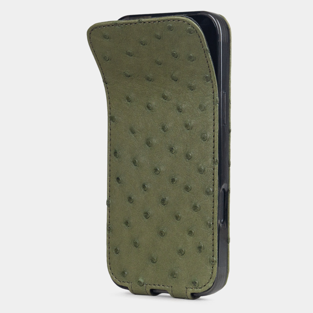 Green Ostrich Case iPhone 17 Air – phone flip case with textured quill pattern, flexible front cover folding back to protect the smartphone screen