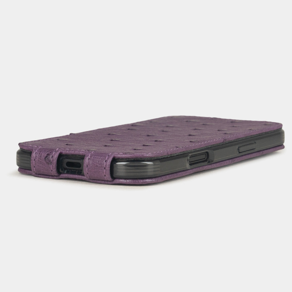 purple ostrich case iPhone 17 Pro Max - flat side view displaying ultra-thin handcrafted design, USB-C port opening and precise edge finishing