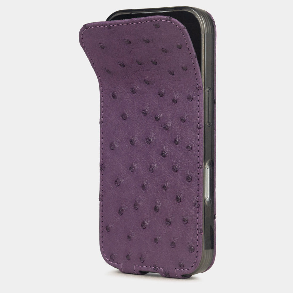Purple Ostrich Case iPhone 17 Air – phone flip case with textured quill pattern, flexible front cover folding back to protect the smartphone screen