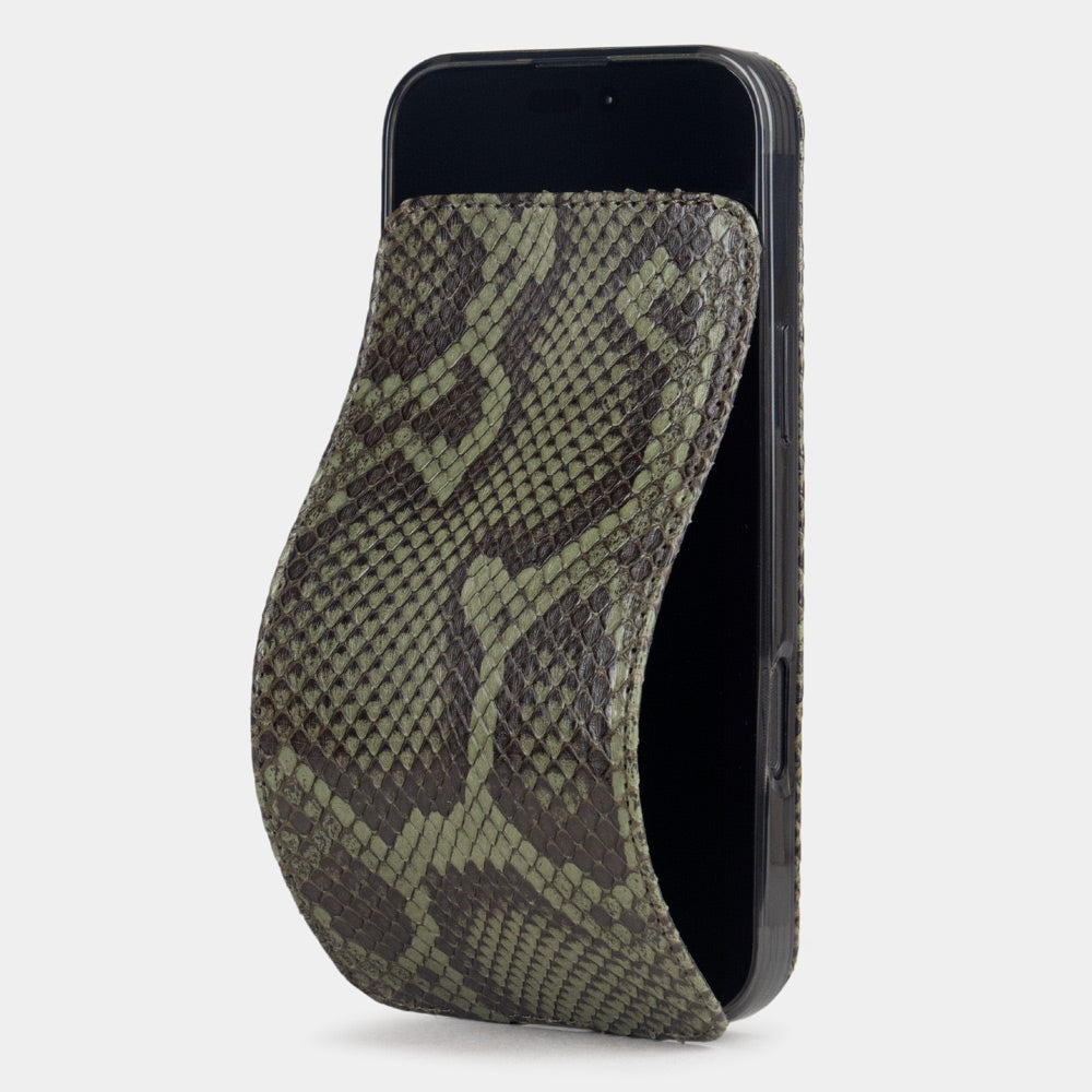 Green Python Case iPhone 17 Air – luxury handmade phone case in genuine python leather with magnetic front cover partially open, main photo