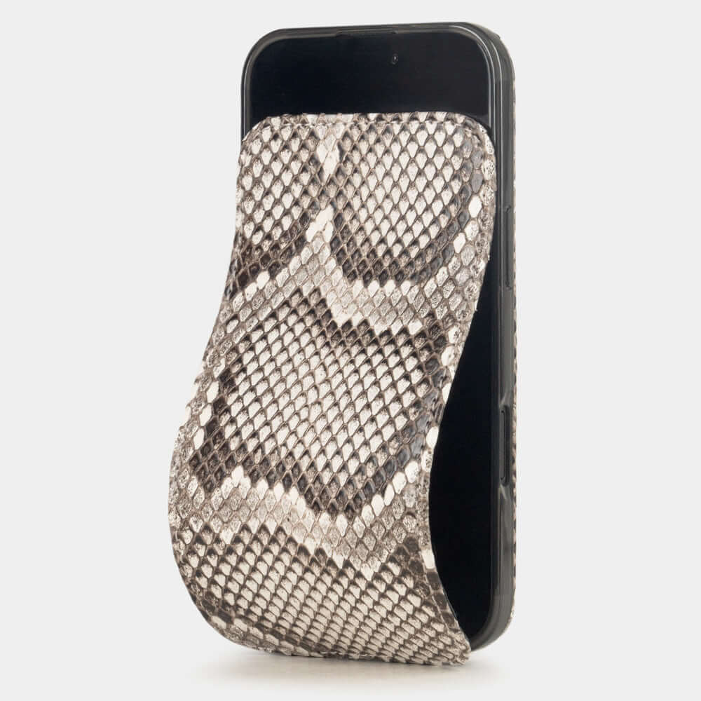 Natural Python Case iPhone 17 Air – luxury handmade phone case in genuine python leather with magnetic front cover partially open, main photo