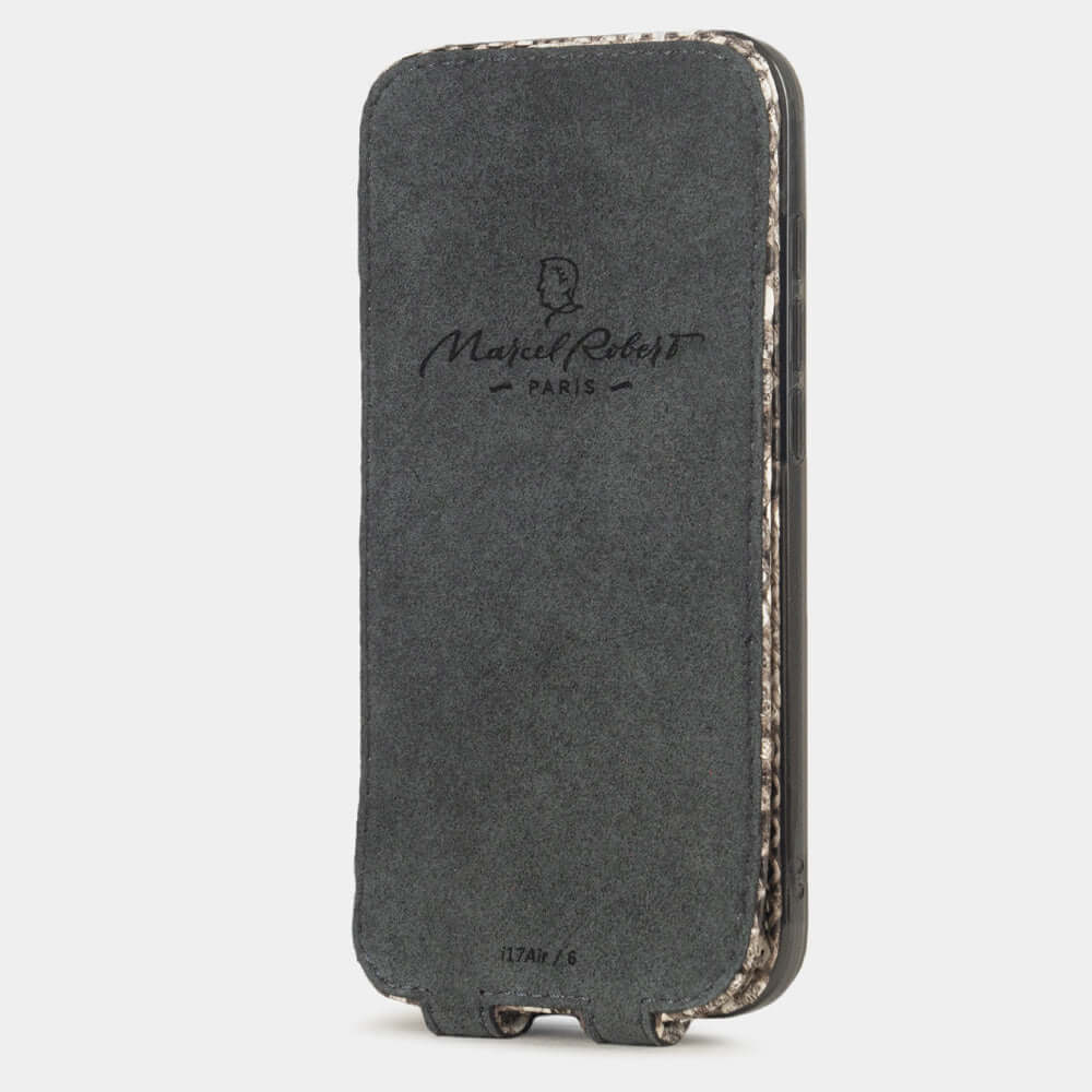Natural Python Case iPhone 17 Air - interior view showing grey Alcantara lining with magnetic closure, designed to clean and protect the screen