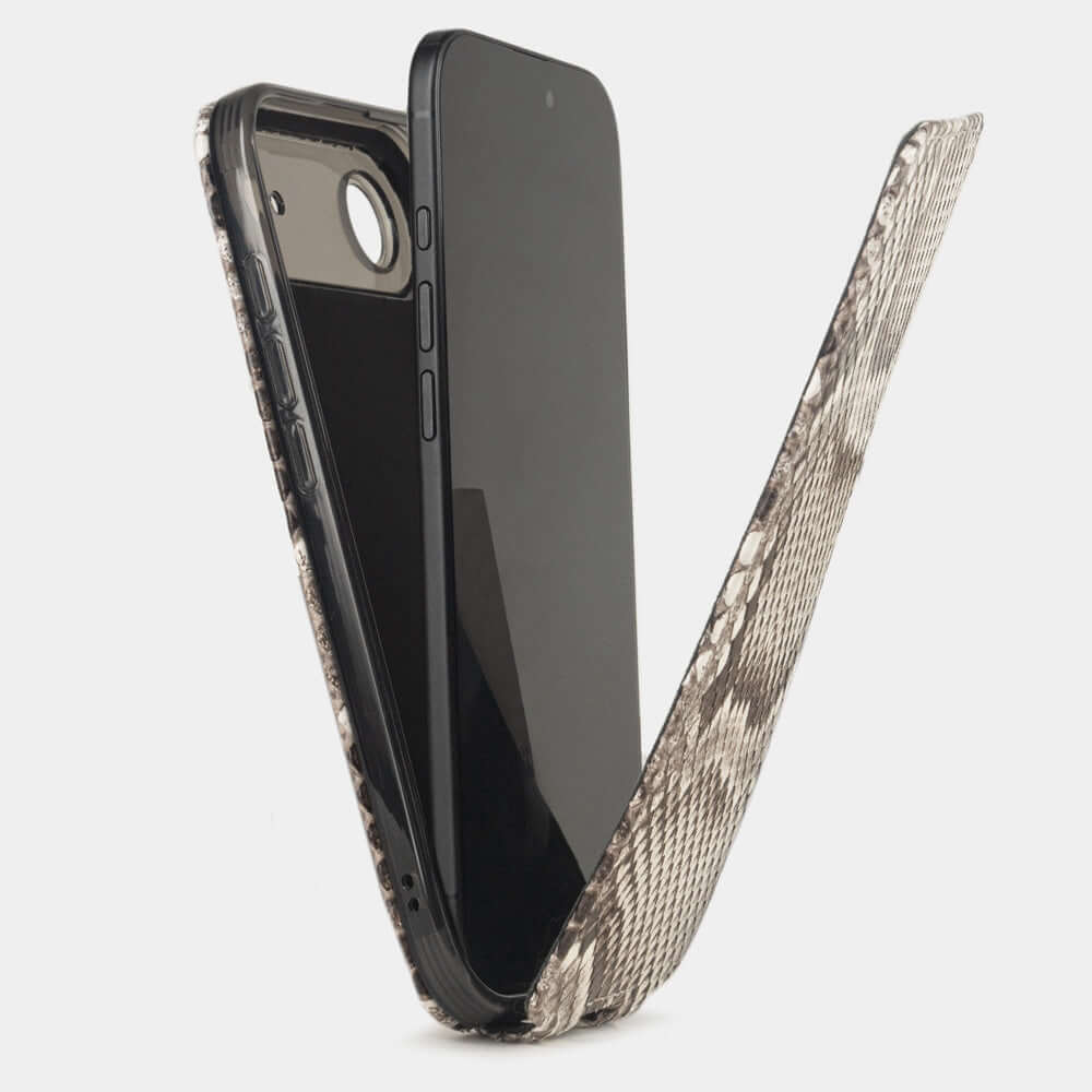 Natural Python Case iPhone 17 Air - flip phone case shown open on smartphone, natural scale texture with folding front cover