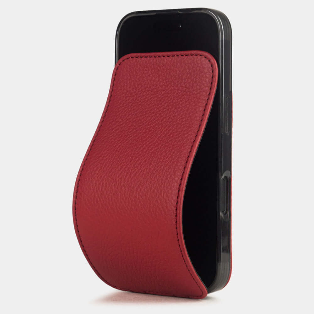 Red Calfskin Case iPhone 17 – luxury handmade phone case in genuine leather with magnetic front cover partially open, main photo