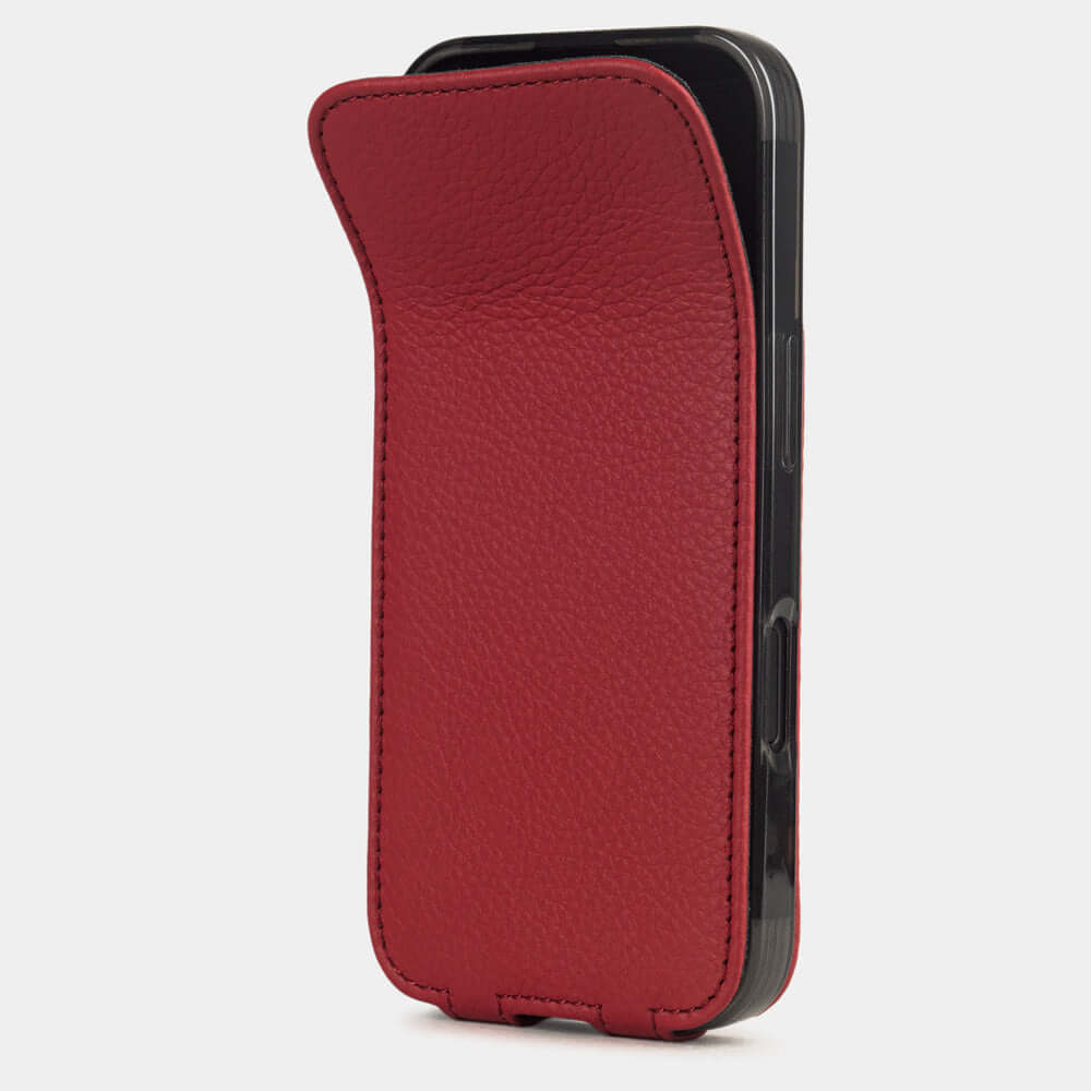 Red Calfskin Case iPhone 17 – phone flip case with textured natural scale pattern, flexible front cover folding back to protect the smartphone screen