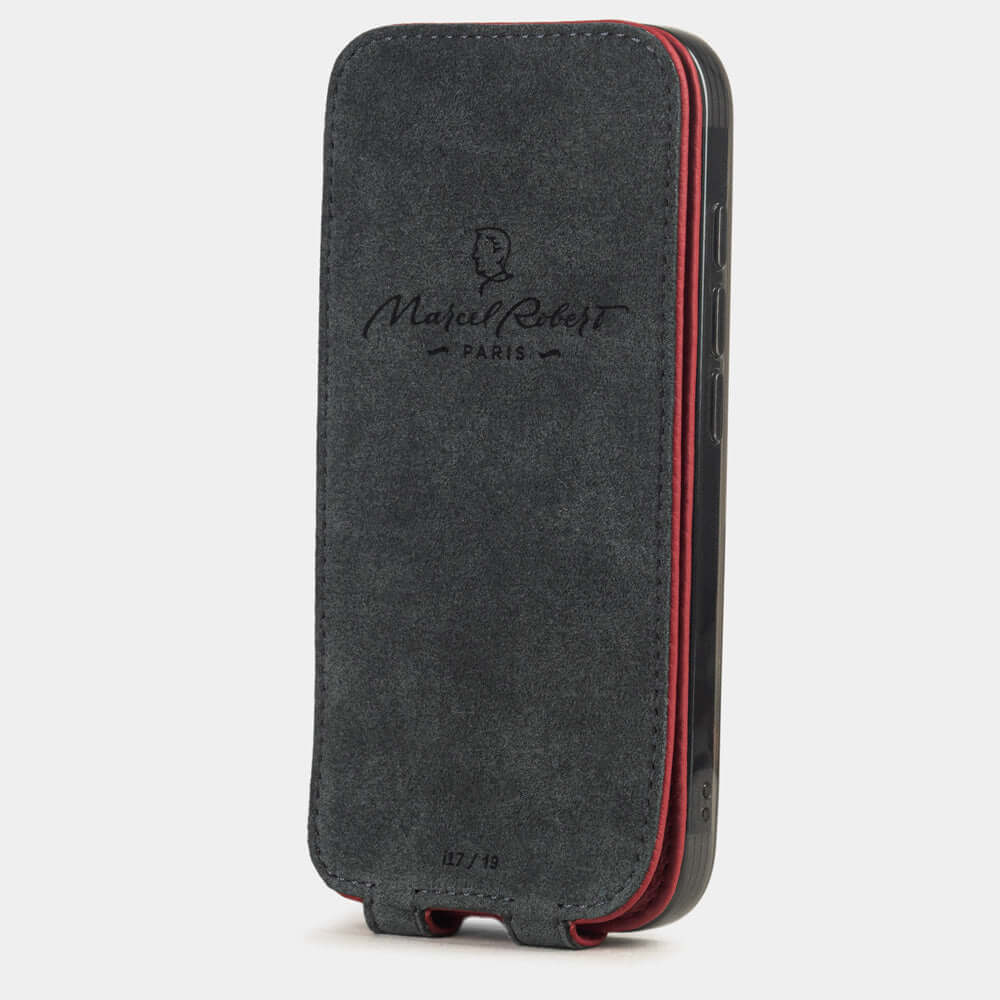 Red Calfskin Case iPhone 17 - interior view showing grey Alcantara lining with magnetic closure, designed to clean and protect the screen