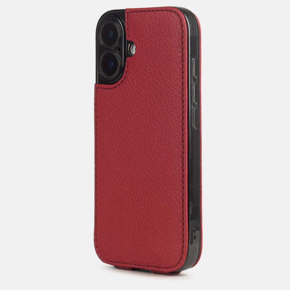Red Calfskin Case iPhone 17 - view from camera side and how the lenses are efficiently protected