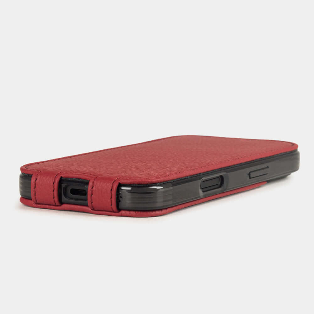 Red Calfskin Case iPhone 17 - flat side view displaying ultra-thin handcrafted design, USB-C port opening and precise edge finishing