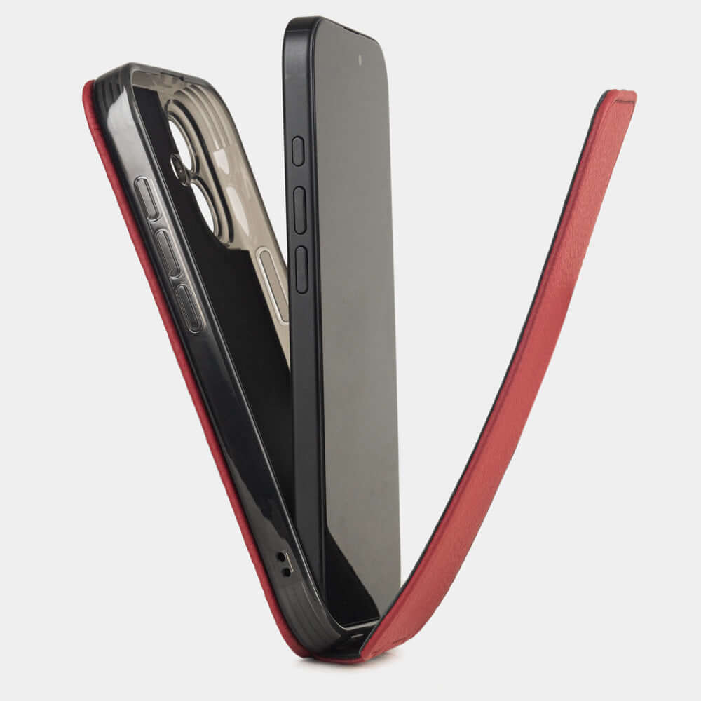 Red Calfskin Case iPhone 17 - flip phone case shown open on smartphone, natural scale texture with folding front cover