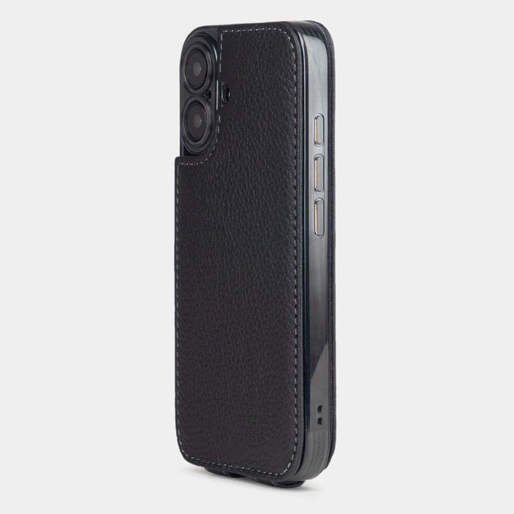 flip case iPhone 17 black premium leather manufactured by Marcel Robert – the view from camera side