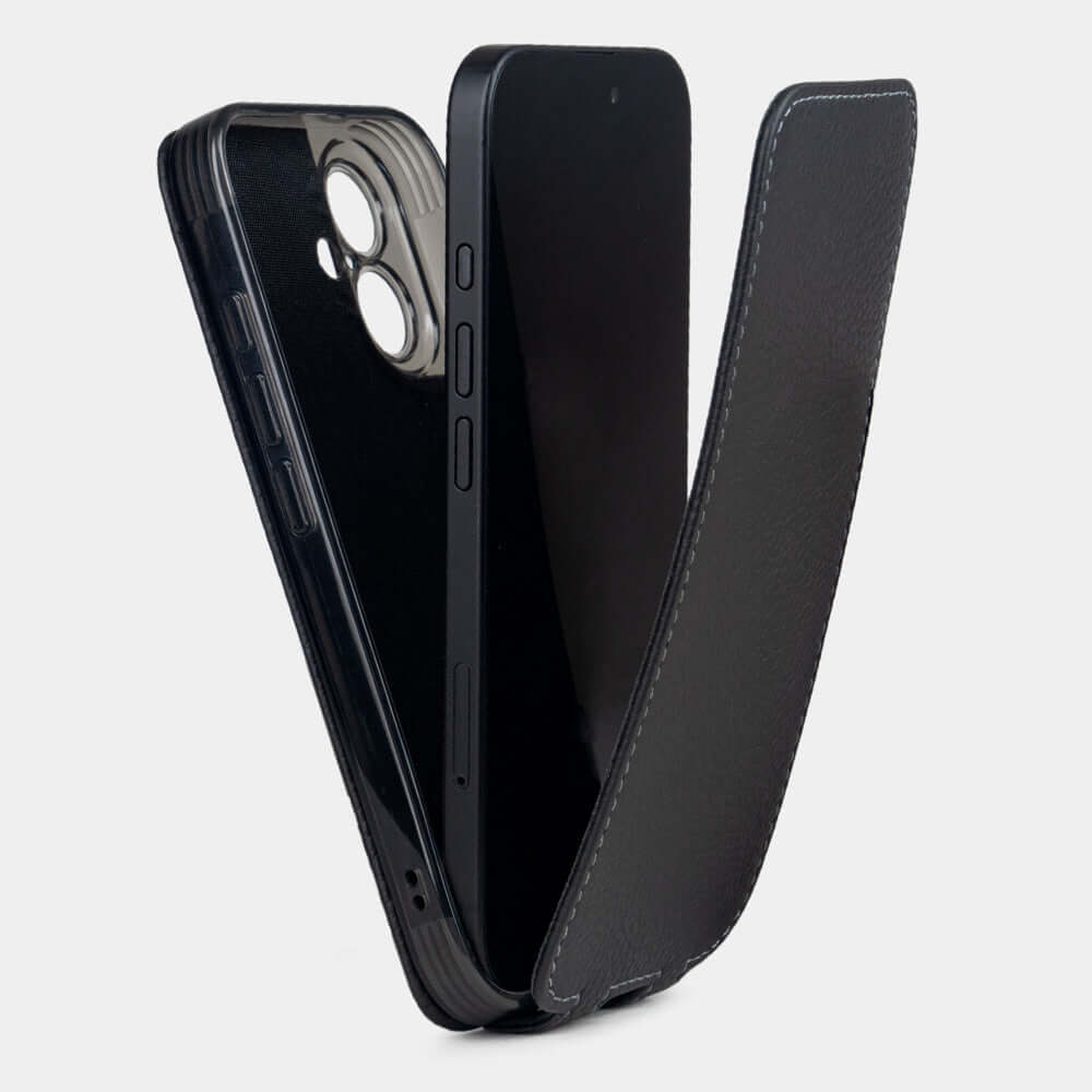 flip case iPhone 17 black premium leather manufactured by Marcel Robert - view from inside - how to use the case