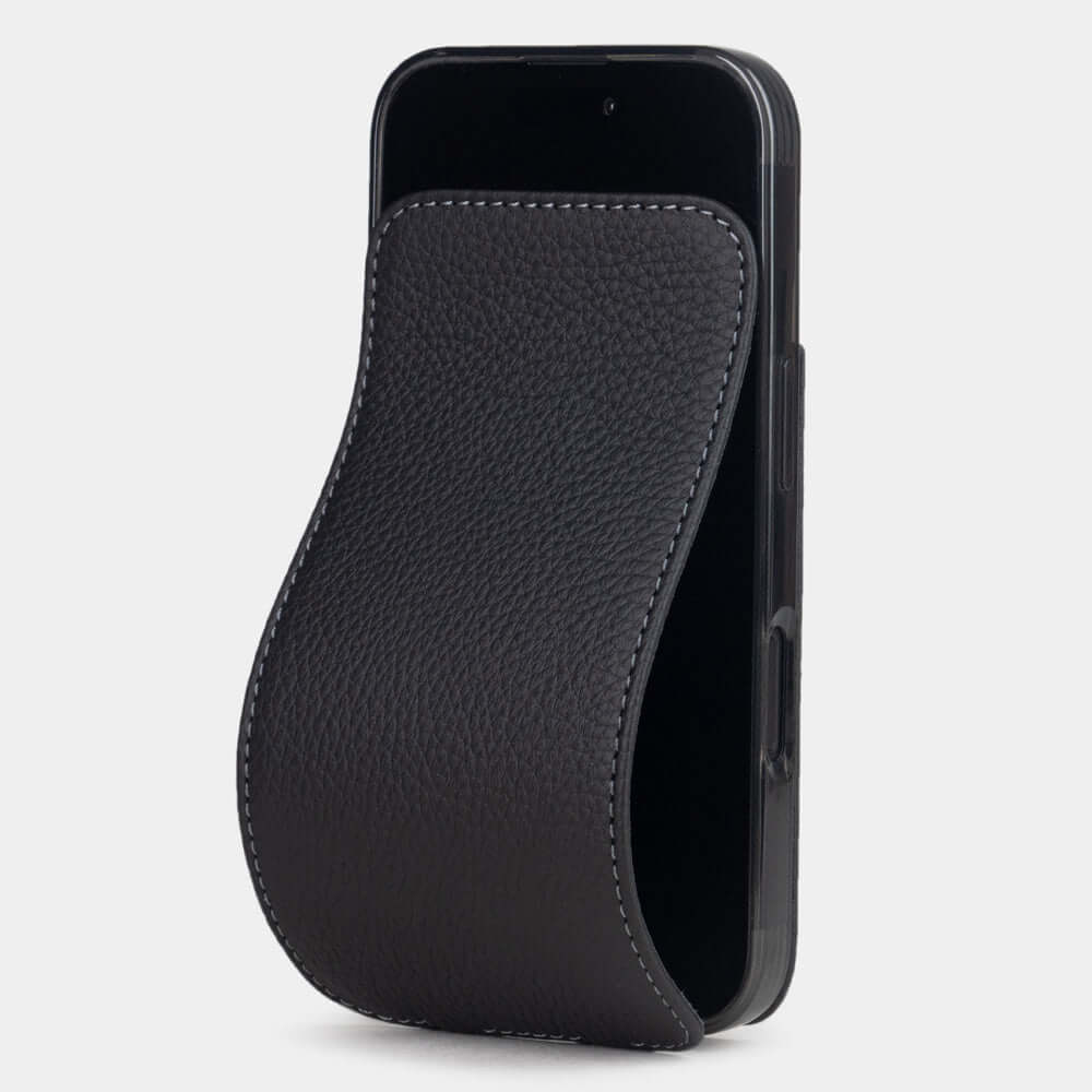 Marcel Robert iPhone 17 case in black calfskin leather, main product photo with magnetic front cover partially open
