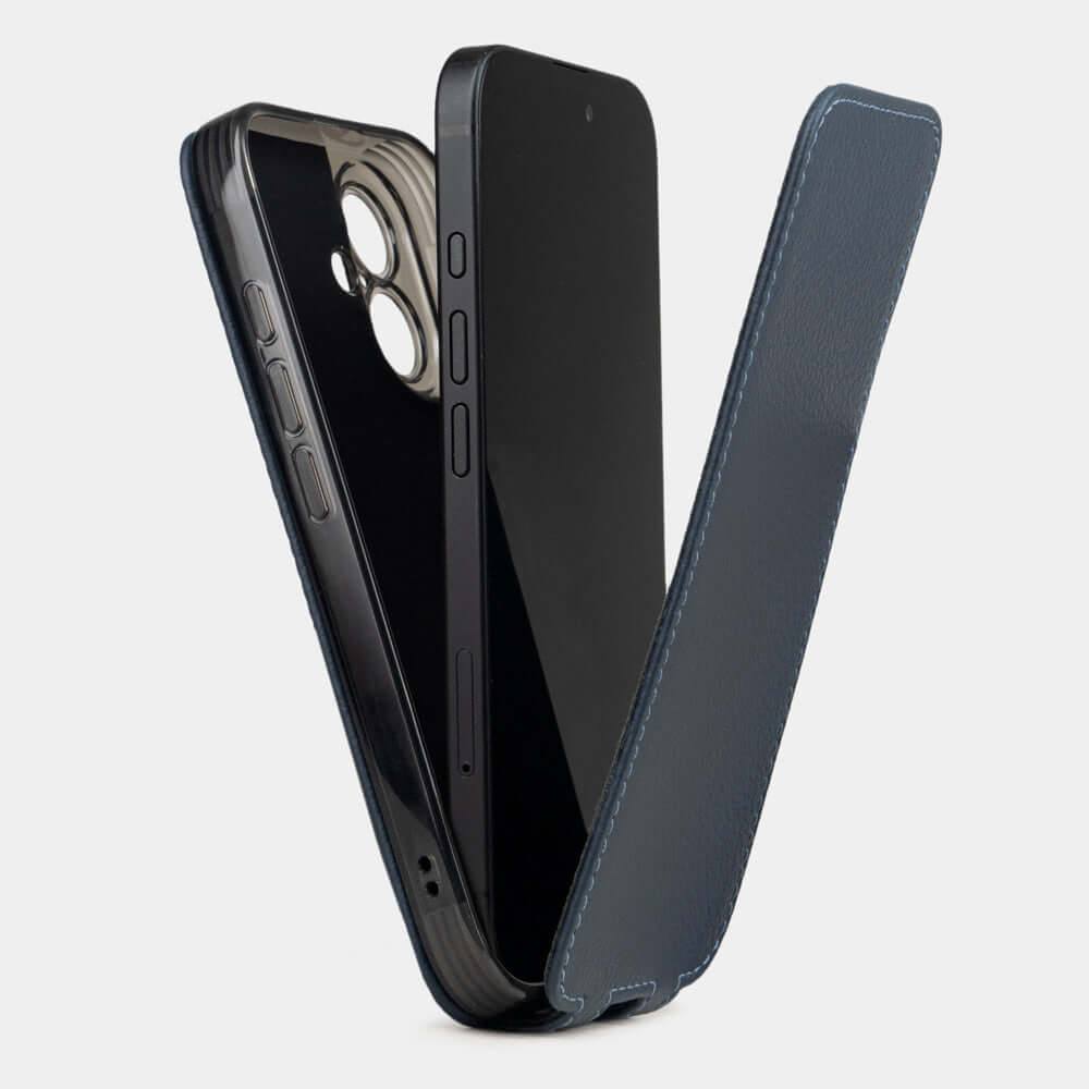view from inside - how to use the case Marcel Robert iPhone 17 leather case with integrated silicone shell, showing smartphone securely positioned inside with magnetic front cover