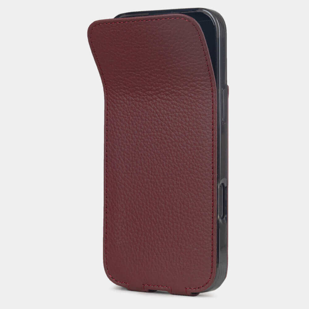 Bordeaux Calfskin Case iPhone 17 – phone flip case with textured natural scale pattern, flexible front cover folding back to protect the smartphone screen